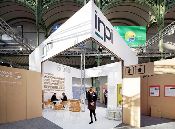 Solutions COP 21 au Grand Palais : le stand de l’INPI, concept signé ACO Design – événements, promotion, stand d’exposition/salon.