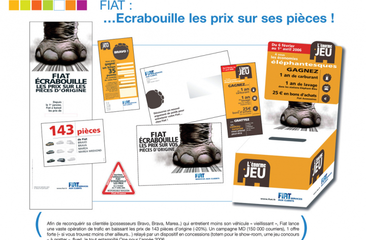 Fiat écrabouille les prix sur ses pièces – marketing direct et animations PLV (jeu concours, flyer…)