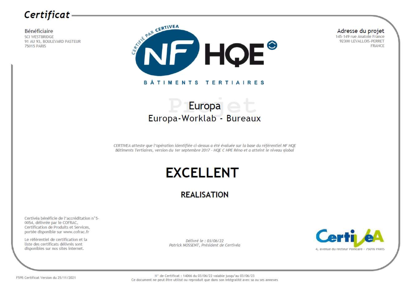 HQE Certificate for our FR building in Levallois Perret
